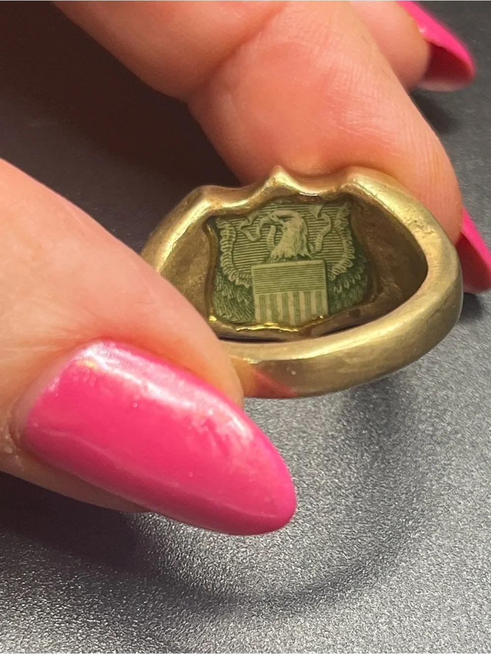 Vintage Gold Tone Signet Ring Hidden Eagle Crest Inside Signed L. Frost. Size 9